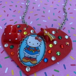 Rainbow Brite 🌈 Hello kitty mixed media necklace red heart ♥️ crystals kawaii